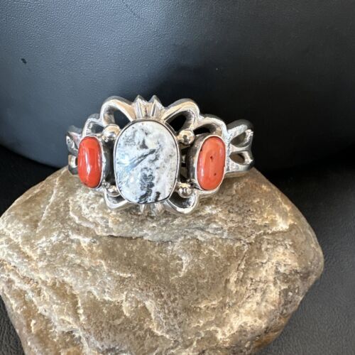 White Buffalo Turquoise Coral Navajo Tufa Cuff Bracelet | Sterling Silver | Authentic Native American Handmade | 16408