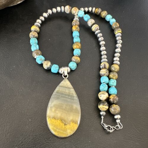 Men's BumbleBee Jasper Pendant Necklace | Navajo Pearls | Sterling Silver | Authentic Native American Handmade | 16875 - Masha USA