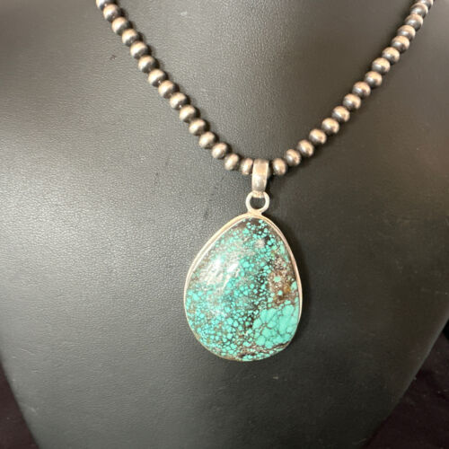 Men's Navajo Blue Spiderweb Turquoise Pendant Necklace | Sterling Silver | Authentic Native American Handmade | 16208