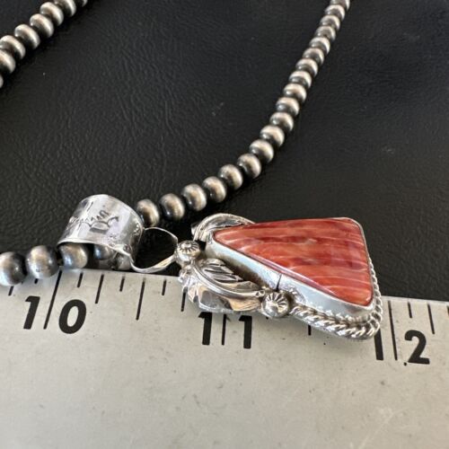 Navajo Red Spiny Oyster Pendant Necklace | Sterling Silver | Authentic Native American Handmade | 16149