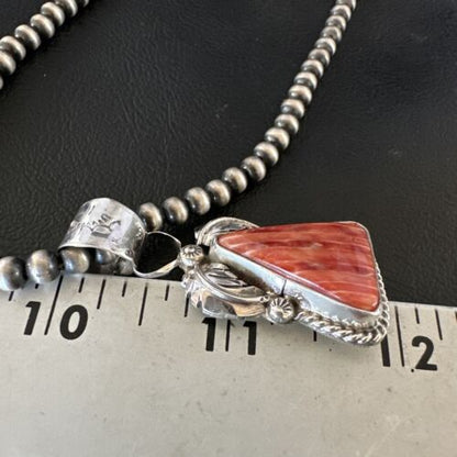 Navajo Red Spiny Oyster Pendant Necklace | Sterling Silver | Authentic Native American Handmade | 16149