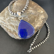 Navajo Blue Lapis Pendant with Pearls | Sterling Silver Necklace | 20" | Authentic Native American Handmade | 16670