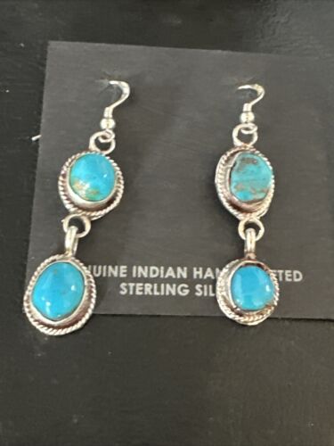 Kingman Turquoise Dangle Earrings | Navajo Sterling Silver | Authentic Native American Handmade | 14865