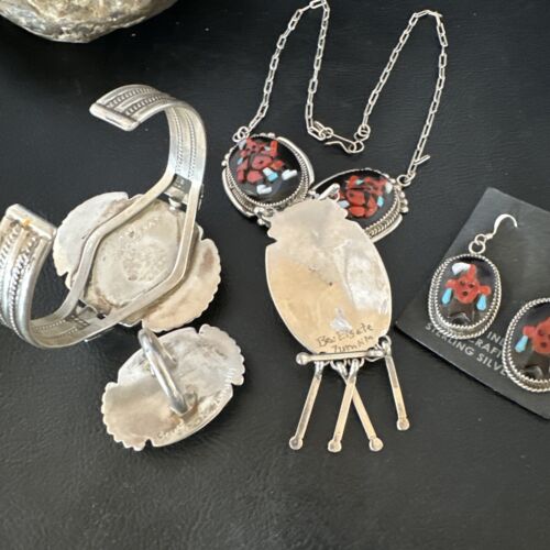 Native American Zuni Inlay Necklace Earrings Bracelet Set | Turquoise Onyx Coral | Sterling Silver | 16168