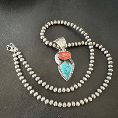 Navajo Blue Turquoise Red Spiny Oyster Pendant Necklace | Sterling Silver | Multi-Stone | 16291