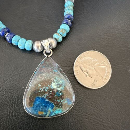 Navajo Blue Turquoise Jasper Pendant with Lapis | Sterling Silver Necklace | Native American Handmade | 16928