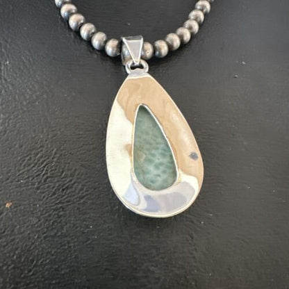 Navajo Blue Larimar Pendant Necklace | Sterling Silver Beads | Authentic Native American Handmade | 16963