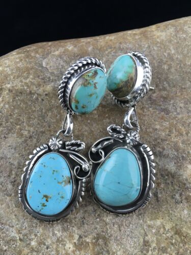 Navajo Kingman Turquoise Dangle Earrings | Sterling Silver | Authentic Native American Handmade | 1764