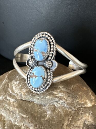 Navajo Blue Golden Hills Turquoise Cuff Bracelet | Sterling Silver | Authentic Native American Handmade | 16429