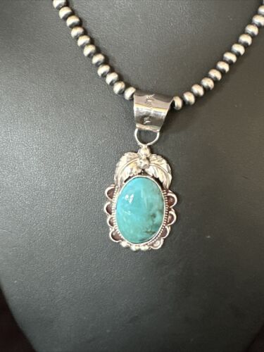 Navajo Pearls Blue Turquoise Necklace Pendant | Sterling Silver | Authentic Native American Handmade | 14881