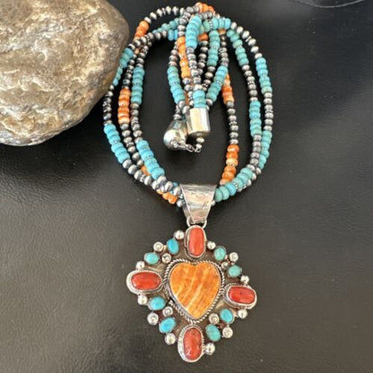 Navajo Turquoise Coral Spiny Heart Pendant | Sterling Silver 3-Strand Necklace | Authentic Native American Handmade | 16303