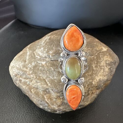 Navajo Green Turquoise Spiny Oyster Multi-Stone Ring | Authentic Native American Sterling Silver | Sz 10 | 16713