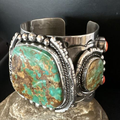 Navajo Green Royston Turquoise Spiny Oyster Cuff Bracelet | Sterling Silver | Authentic Native American Handmade | 15364