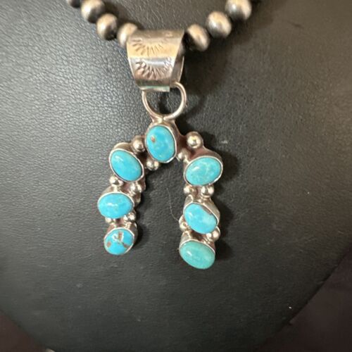 Navajo Horseshoe Naja Kingman Turquoise Pendant Necklace | Sterling Silver | Authentic Native American Handmade | 15749