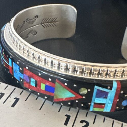 Men's Navajo Black Onyx Coral Turquoise Sterling Silver Cuff Bracelet Inlay | 16122