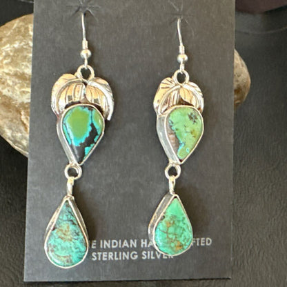 Navajo Green Royston Turquoise Dangle Earrings | Sterling Silver | Authentic Native American Handmade | 16451