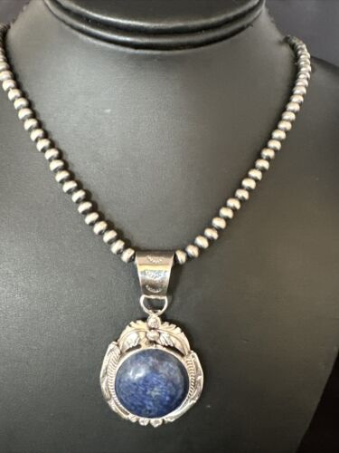 Men's Denim Lapis Lazuli Pendant Necklace | Navajo Beads | Sterling Silver | Authentic Native American Handmade | 14884