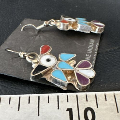 Zuni Peyote Bird Earrings | Coral Turquoise Onyx Inlay | Sterling Silver | 17137