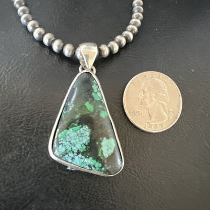 Men's Navajo Sterling Silver Necklace Pendant | Green Spiderweb Turquoise | Authentic Native American Handmade | 16215