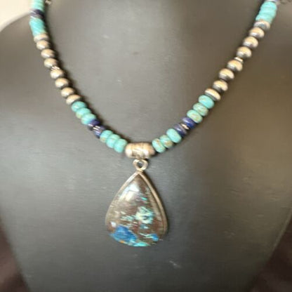 Navajo Blue Turquoise Jasper Pendant with Lapis | Sterling Silver Necklace | Native American Handmade | 16928