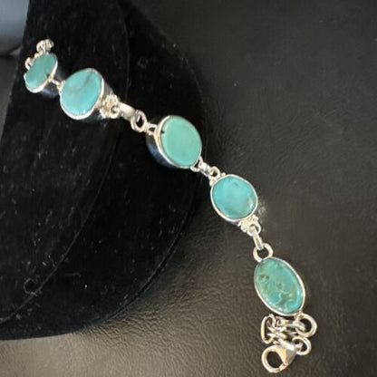 Navajo Blue Turquoise Link Bracelet | Sterling Silver | 8" | Authentic Native American Handmade | 15470