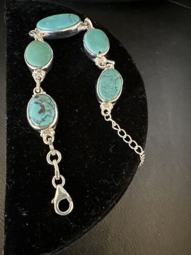 Navajo Blue Turquoise Link Bracelet | Sterling Silver | 8" | Authentic Native American Handmade | 15465