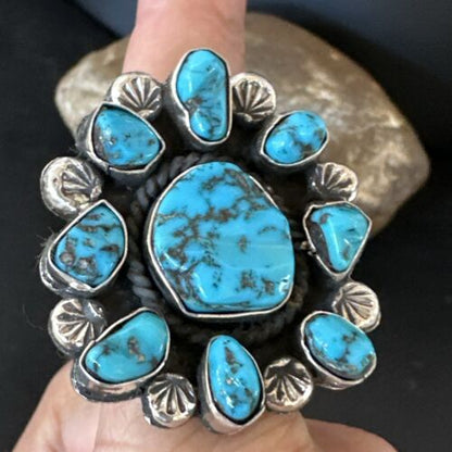 Navajo Kingman Turquoise Cluster Ring | Authentic Native American Sterling Silver | Multi-Stone | Sz 9.5 | 17422