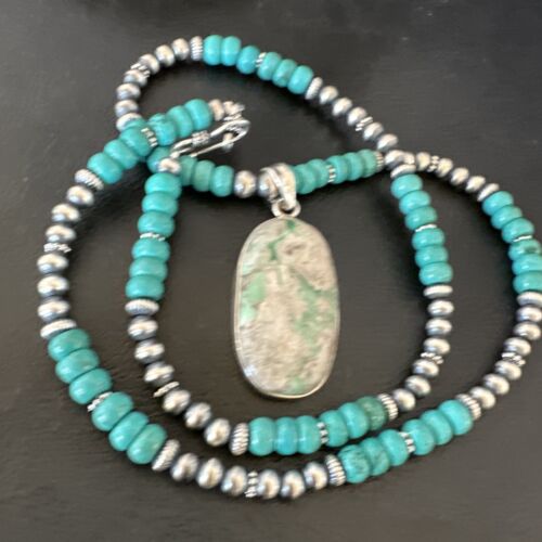 Navajo Teal Blue Turquoise Pendant Necklace | Sterling Silver | Authentic Native American Handmade | 16339