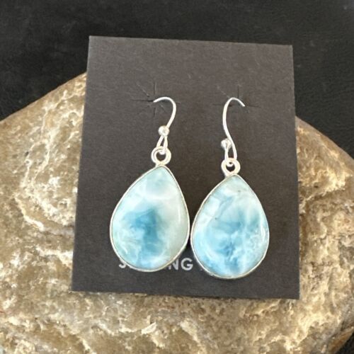 Navajo Blue Larimar Dangle Earrings | Sterling Silver | Authentic Native American Handmade | 17288