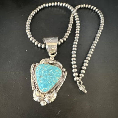 Navajo Kingman Turquoise Pendant Necklace | Sterling Silver Pearls | Authentic Native American Handmade | 15218
