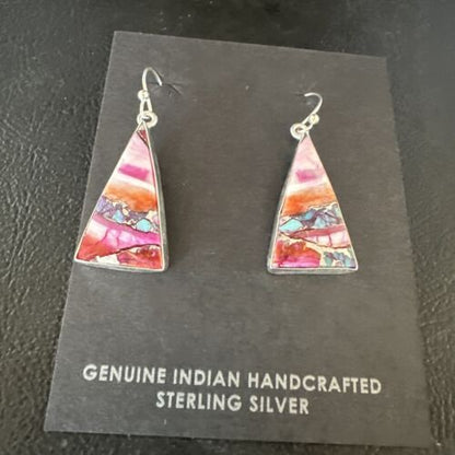 Navajo Blue Turquoise & Purple Spiny Oyster Inlay Dangle Earrings | Sterling Silver | 15564
