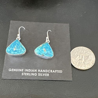 Blue Turquoise Dangle Earrings | Sterling Silver | 1" | Authentic Native American Handmade | 15802 - Masha USA
