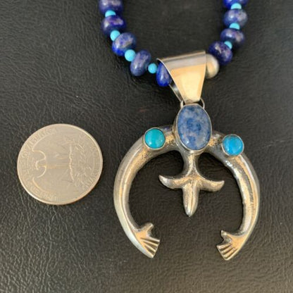 Navajo Sterling Silver Blue Denim Lapis Turquoise Pendant Necklace | Naja | Authentic Native American Handmade | 13705