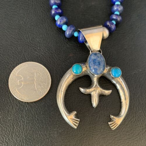 Navajo Blue Denim Lapis Turquoise Naja Pendant Necklace | Sterling Silver | Native American Handmade | 13701