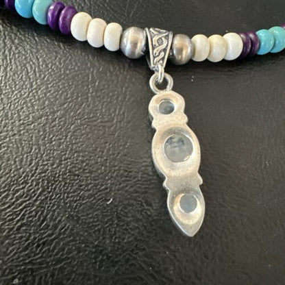 Navajo White Mother of Pearl, Turquoise, Sugilite Pendant Necklace | Sterling Silver | 16929