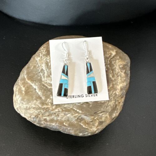 Navajo Blue Turquoise Black Onyx Inlay Earrings | Sterling Silver | 1" | Authentic Native American Handmade | 15700