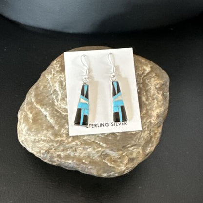 Navajo Blue Turquoise Black Onyx Inlay Earrings | Sterling Silver | 1" | Authentic Native American Handmade | 15700
