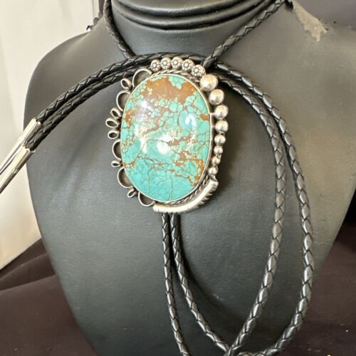 XL Men's Blue Turquoise #8 Bolo Tie | Navajo Sterling Silver | Authentic Native American Handmade | 17006