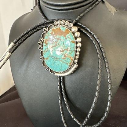 XL Men's Blue Turquoise #8 Bolo Tie | Navajo Sterling Silver | Authentic Native American Handmade | 17006