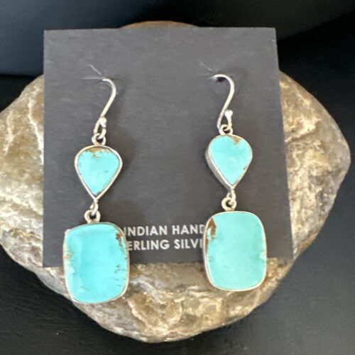 Navajo Blue Kingman Turquoise Dangle Earrings | Sterling Silver | Authentic Native American Handmade | 15116