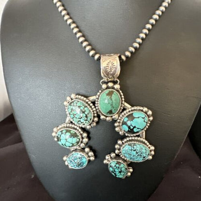 Navajo Men's Blue Turquoise Naja Pendant Necklace | Sterling Silver Pearls | Authentic Native American | 16404