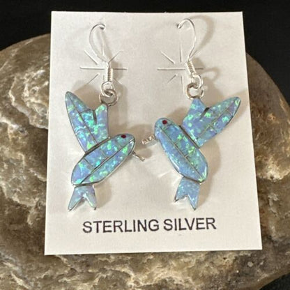 Navajo Blue Opal Hummingbird Earrings | Sterling Silver | 1" | Authentic Native American Handmade | 15088