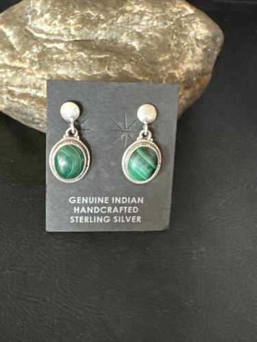 Navajo Green Malachite Dangle Earrings | Sterling Silver | Authentic Native American Handmade | 14922