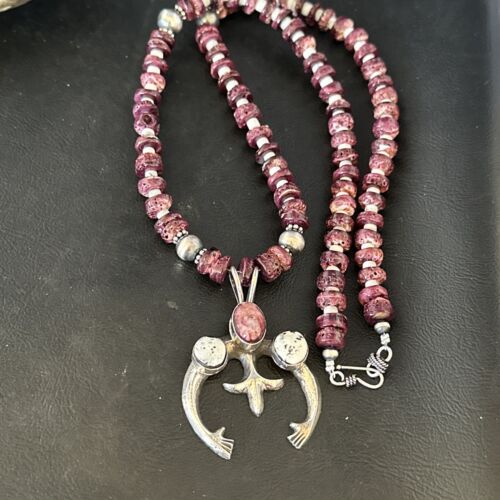 Navajo Purple Spiny Oyster White Buffalo Naja Pendant | Sterling Silver | Authentic Native American Handmade | 15025