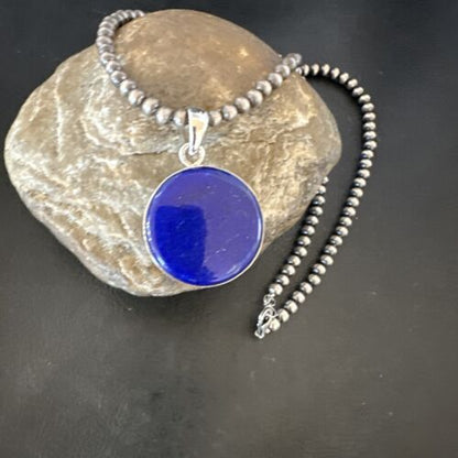Navajo Blue Lapis Pendant with Pearls | Sterling Silver Necklace | 20" | Authentic Native American Handmade | 16660