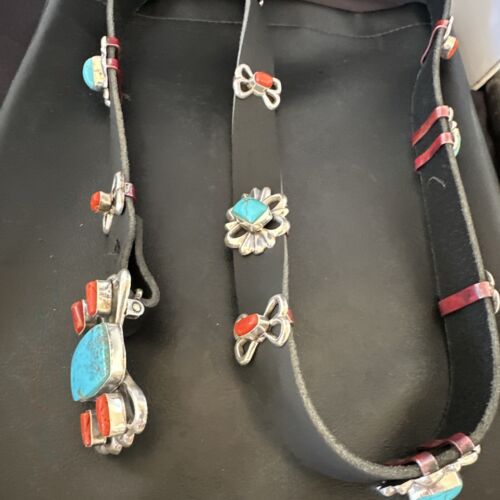 Men's Kingman Turquoise Coral Concho Belt | Sterling Silver | Navajo Tufa | 16681