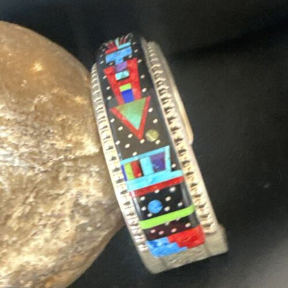 Men's Navajo Black Onyx Coral Turquoise Sterling Silver Cuff Bracelet Inlay | 16122