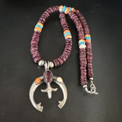 Navajo Purple Spiny Oyster Turquoise Naja Pendant Necklace | Sterling Silver | Native American Handmade | 15273