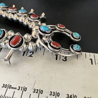Navajo Coral Kingman Turquoise Squash Blossom Necklace | Sterling Silver | 17" | 10889