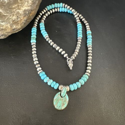 Navajo Blue Turquoise Inlay Pendant | Sterling Silver Necklace | Authentic Native American Handmade | 15423